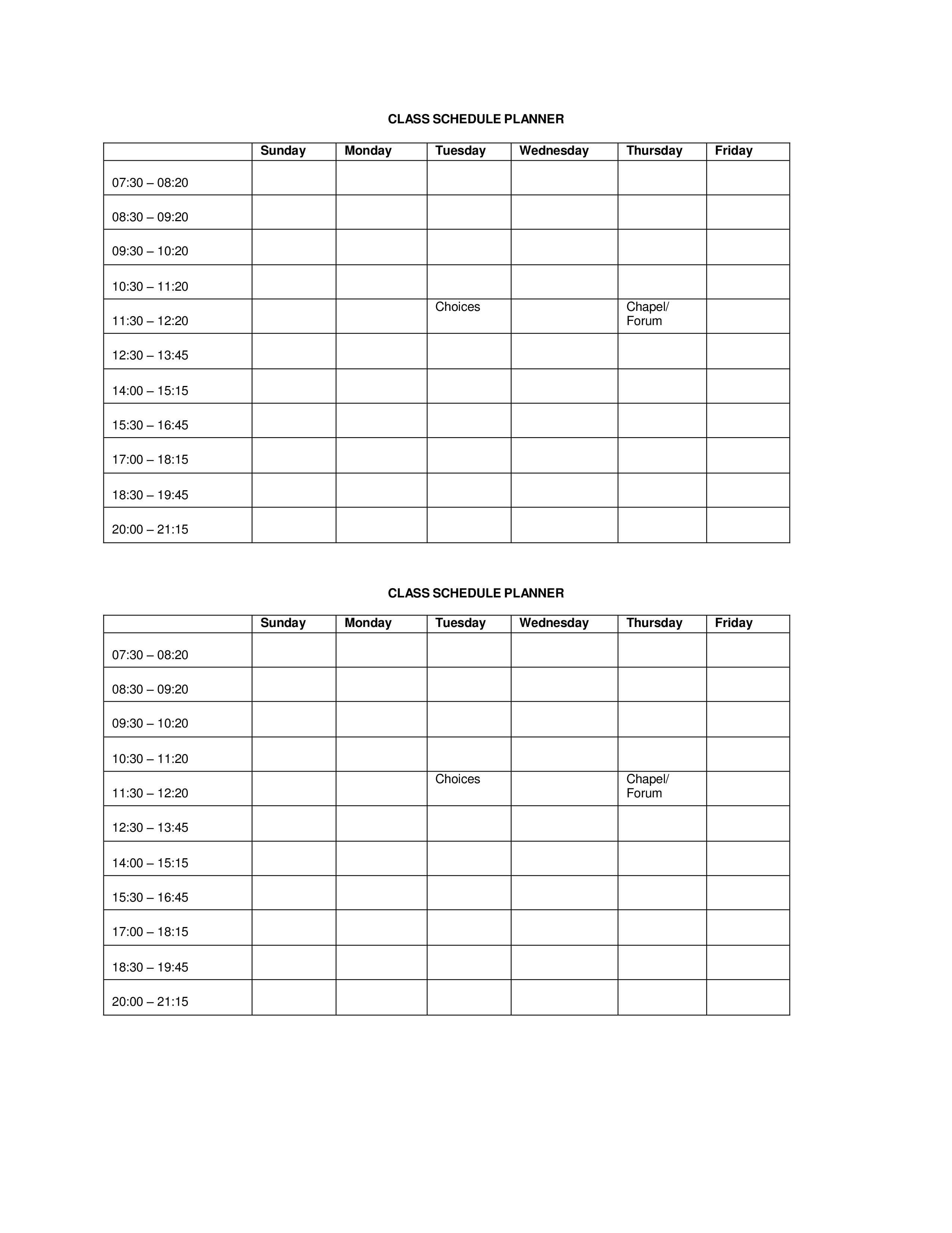 免费 College Class Schedule Planner 样本文件在