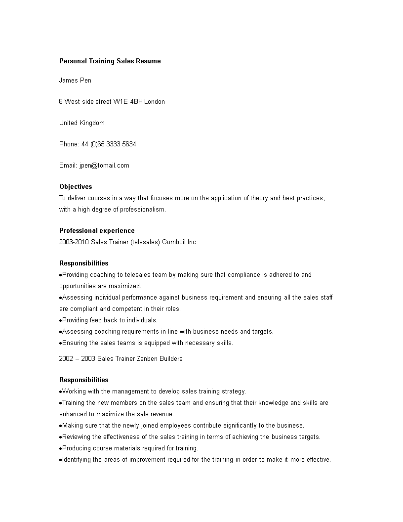 personal training sales resume template