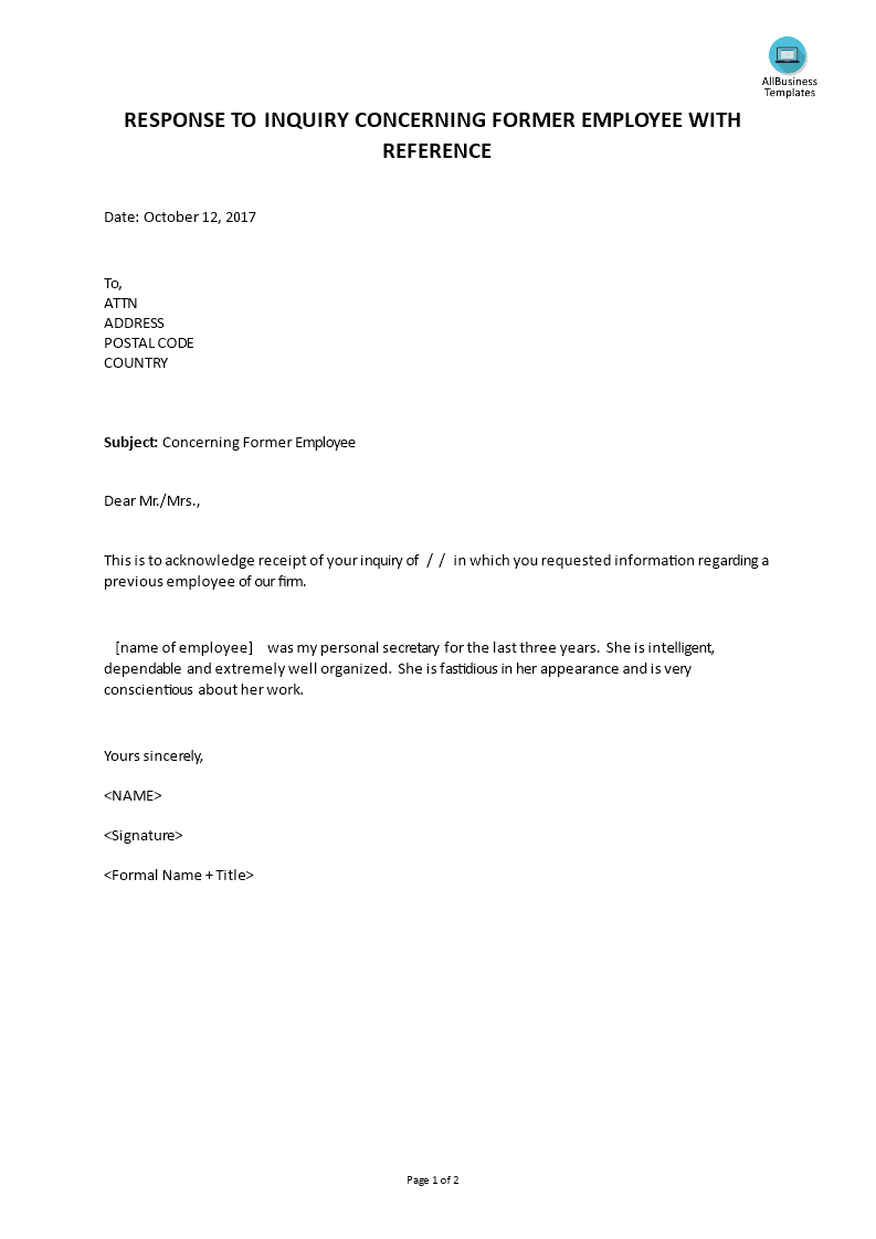 response to inquiry concerning former employee with reference Hauptschablonenbild