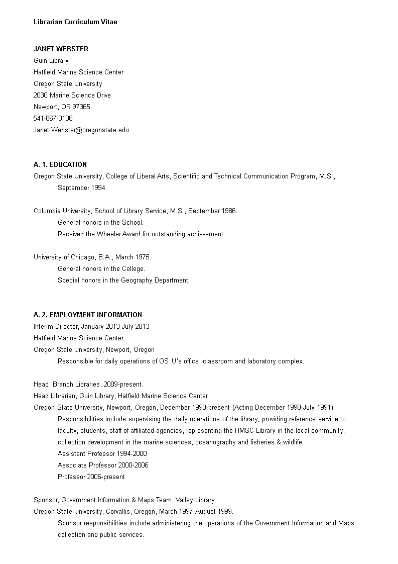 librarian curriculum vitae template