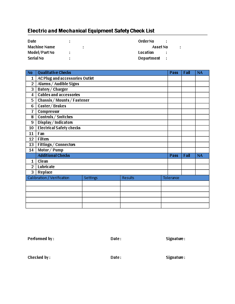 mechanical electrical equipment safety check list template