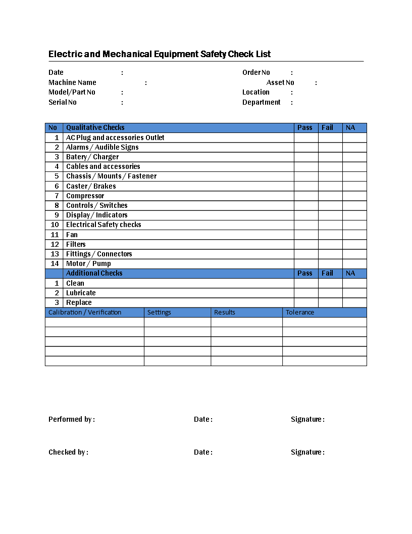 mechanical electrical equipment safety check list modèles