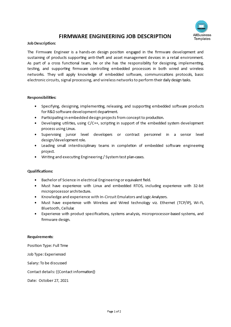 firmware engineering job description template