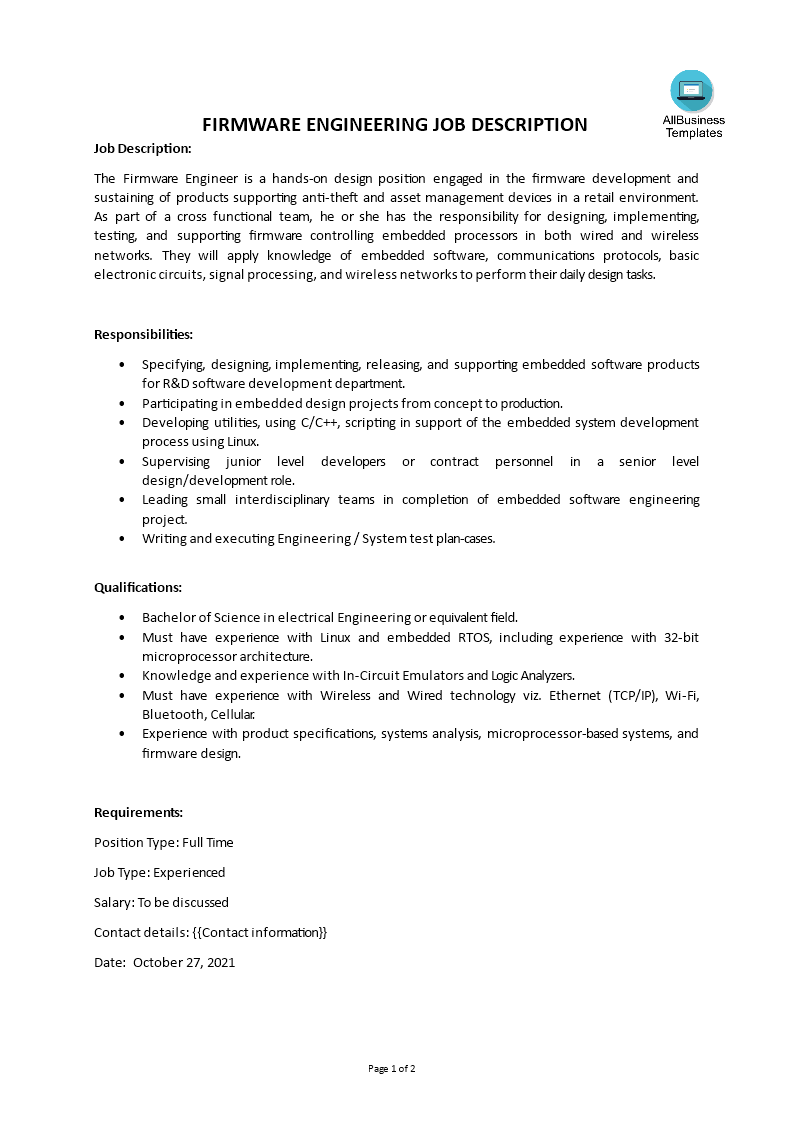 firmware engineering job description modèles