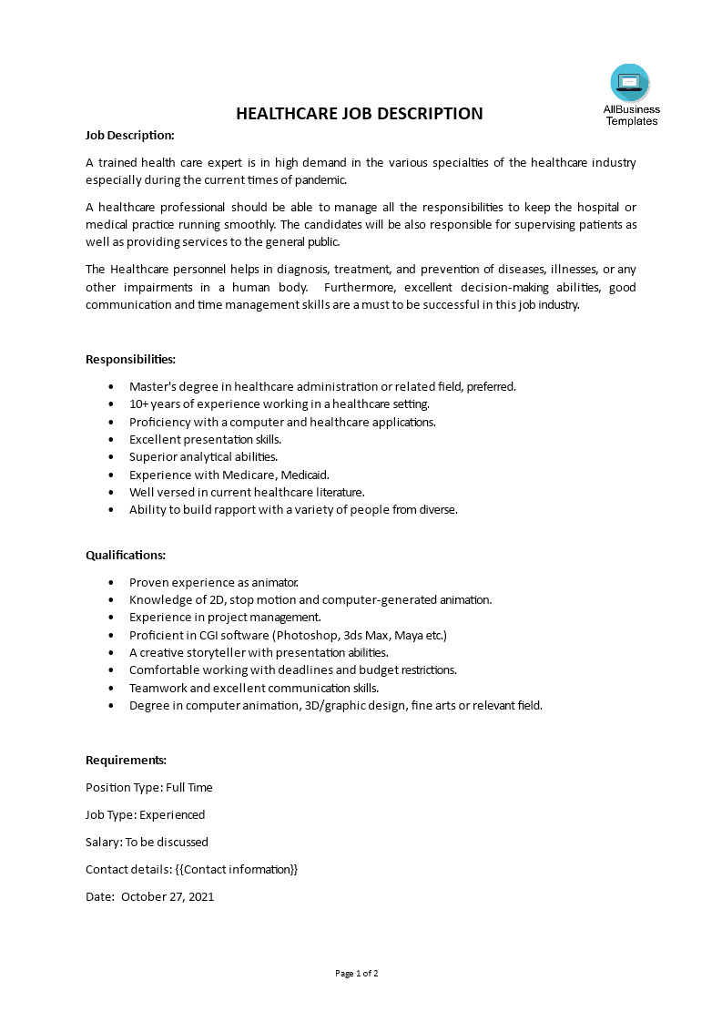 healthcare job description template