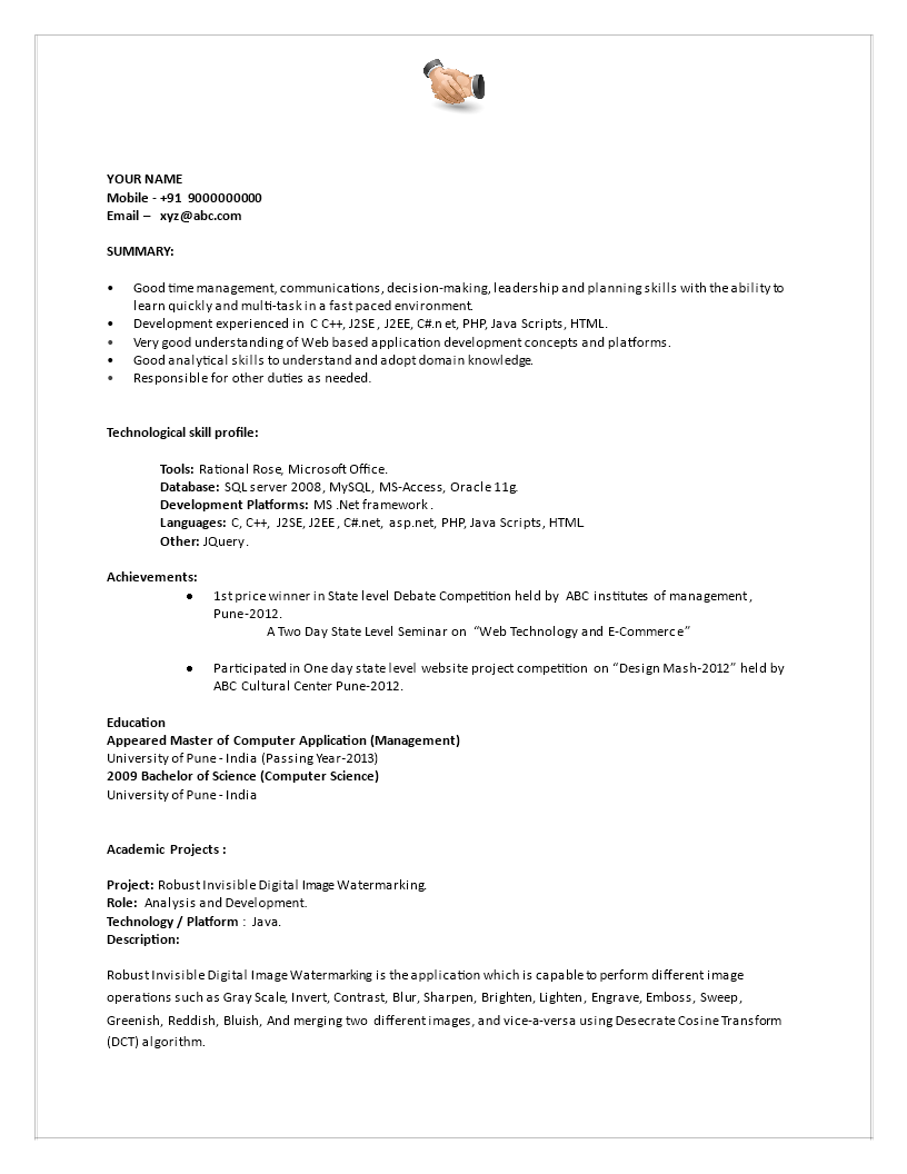 fresher resume format template
