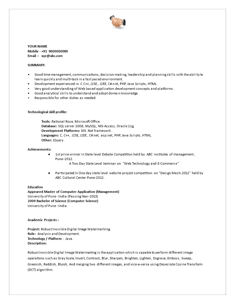 Fresher Resume Format main image