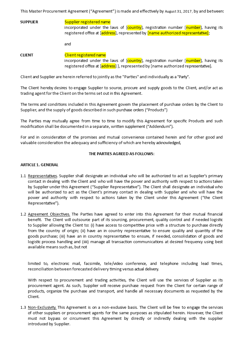 Master Procurement Agreement Templates at