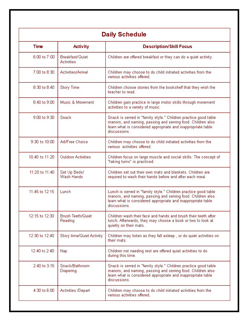 daily schedule word sample voorbeeld afbeelding 