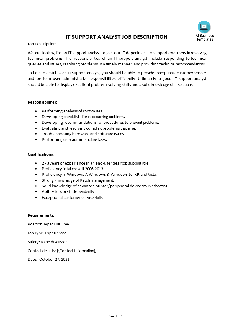 it support analyst job description modèles