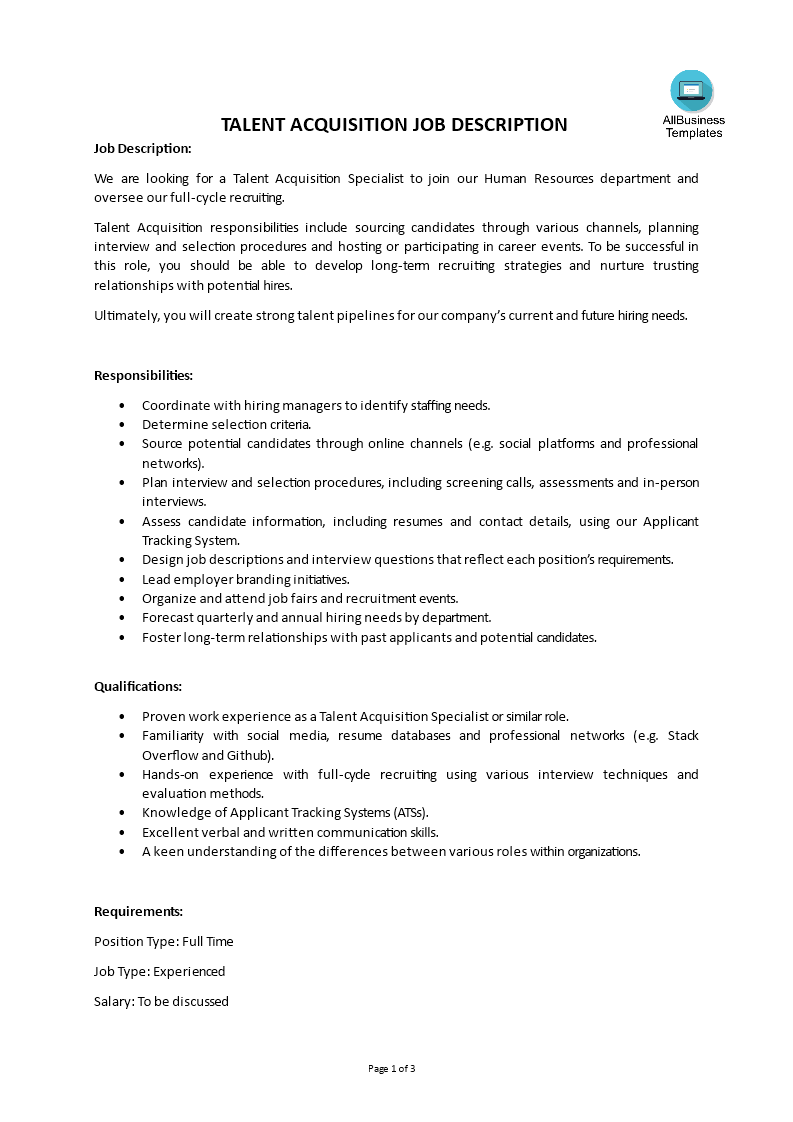 talent acquisition job description modèles