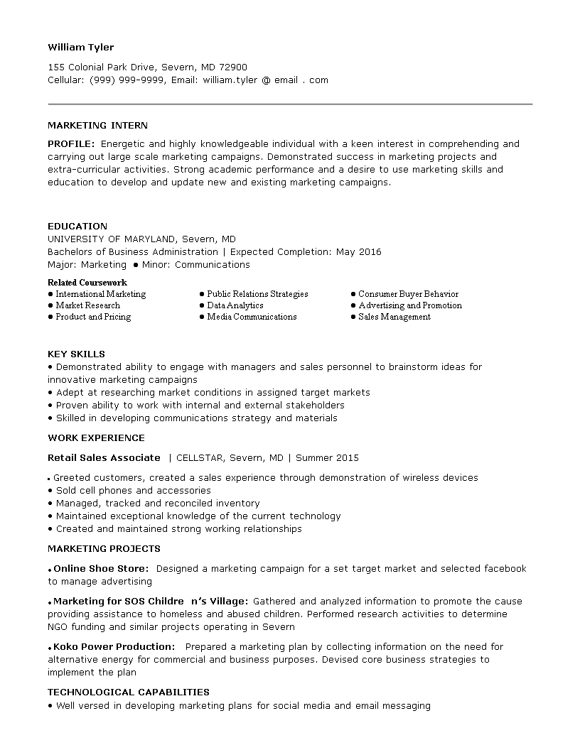 marketing intern job resume template
