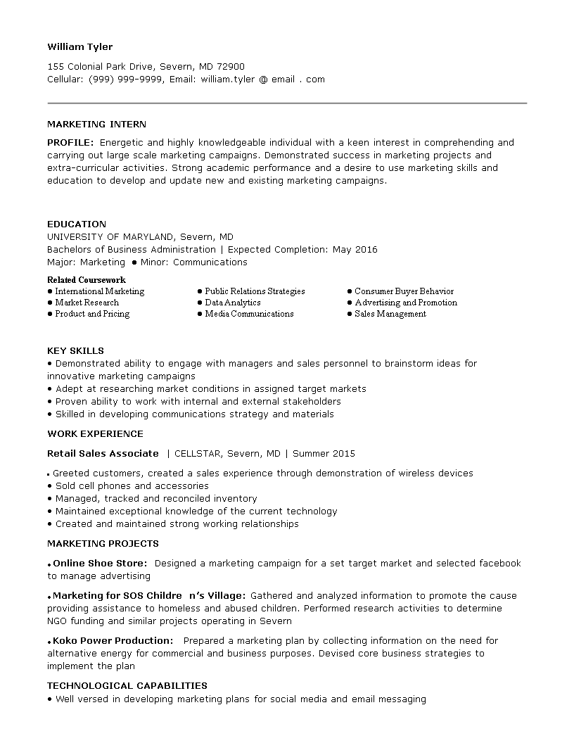 Marketing Intern Job Resume main image