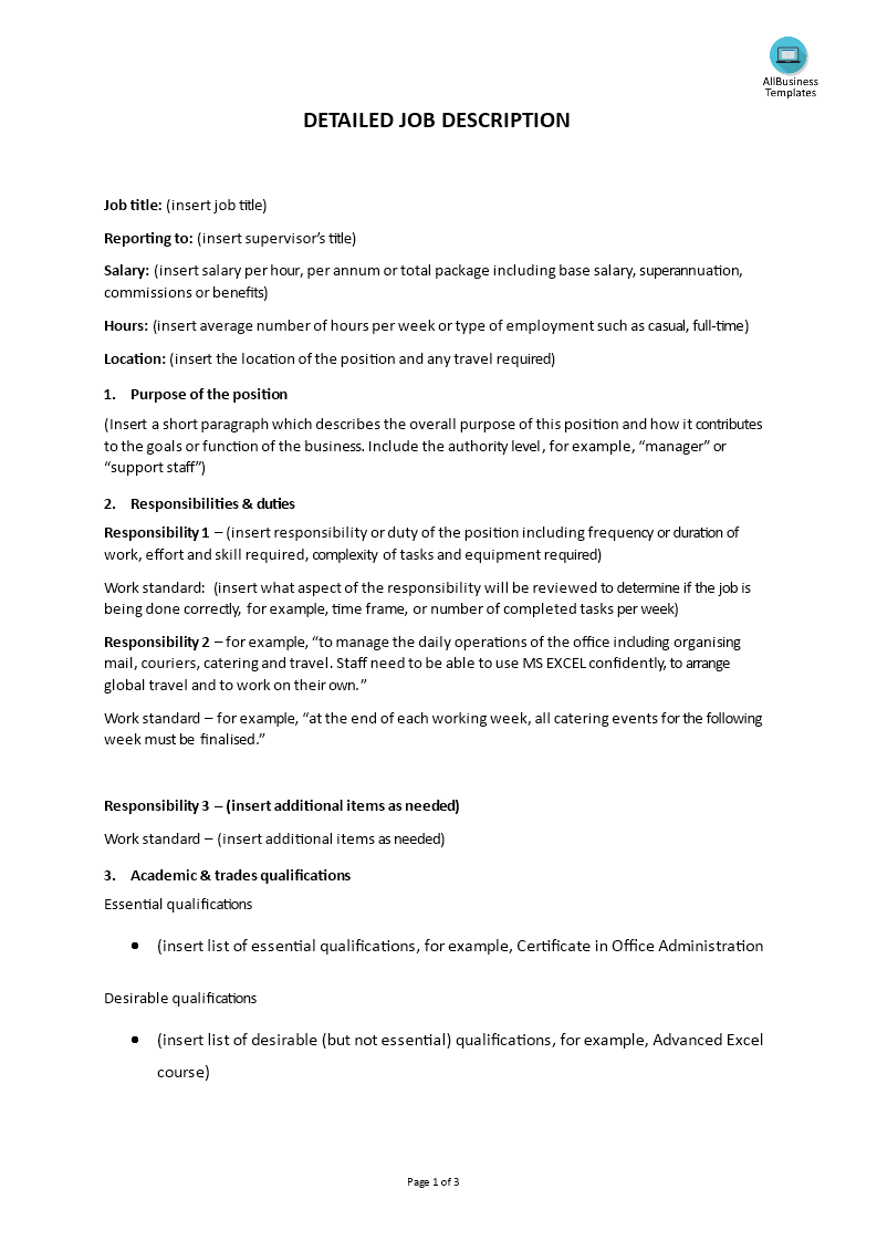 detailed job description template