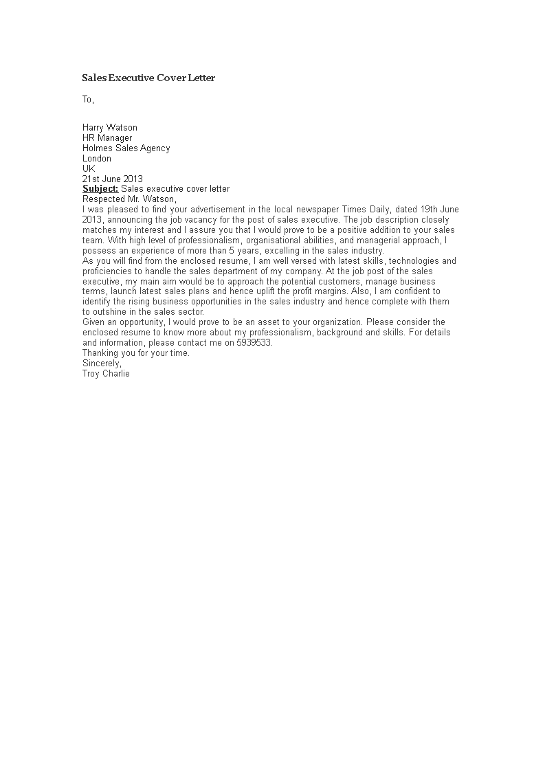 sample application letter for sales executive position