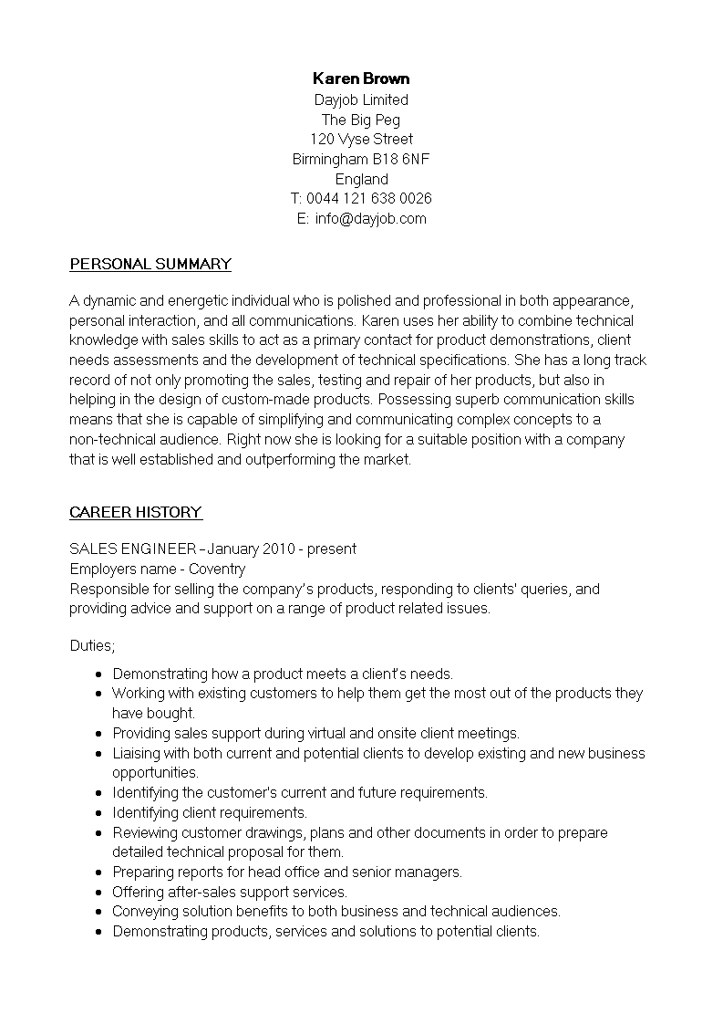 Service Sales Engineer Resume 模板