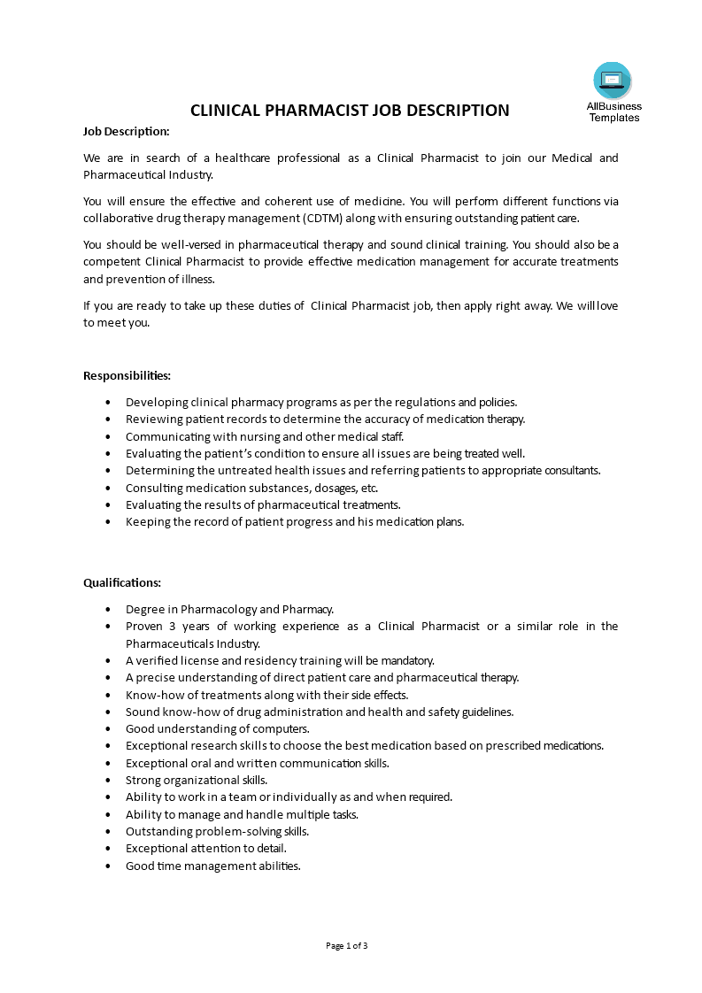 clinical pharmacist job description modèles