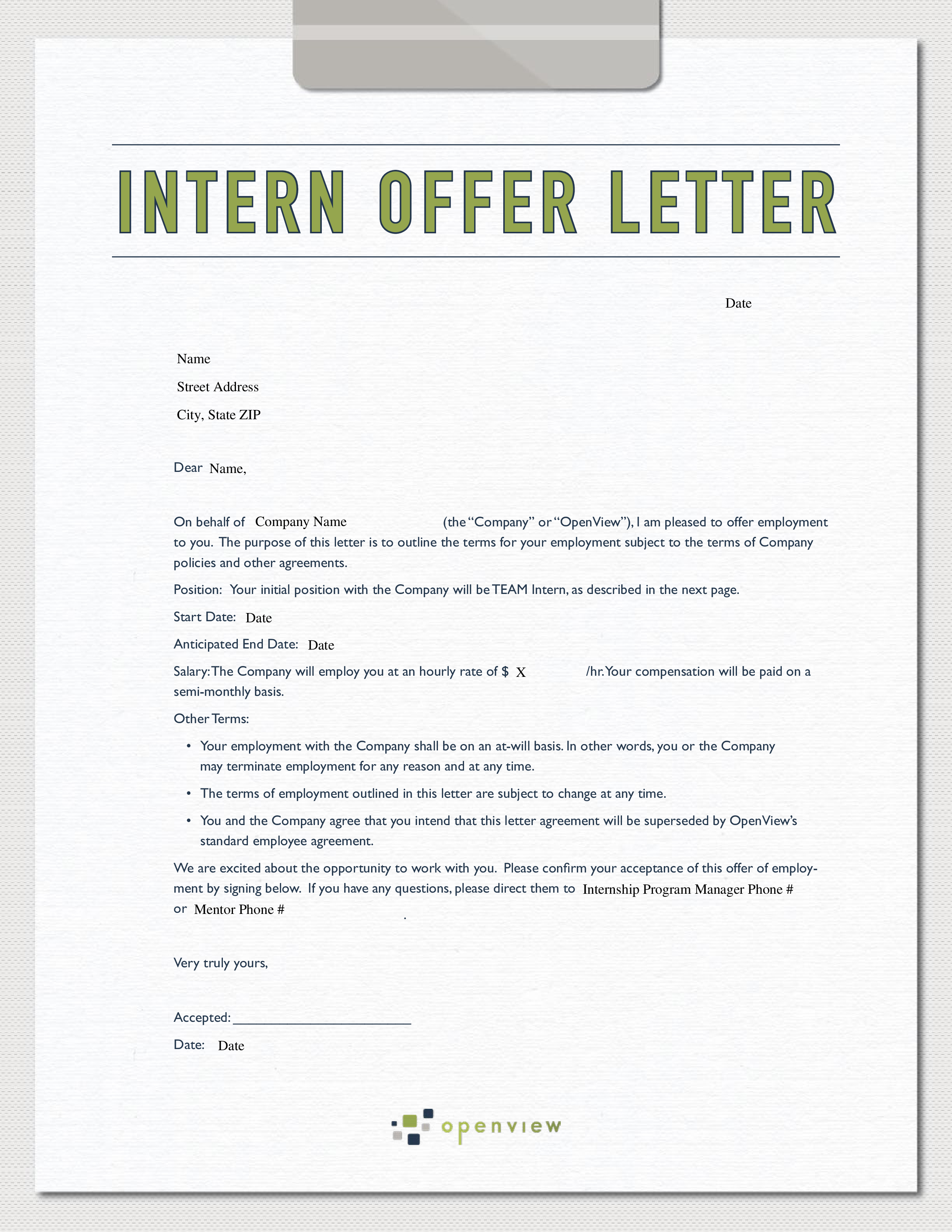 sample marketing internship offer letter template