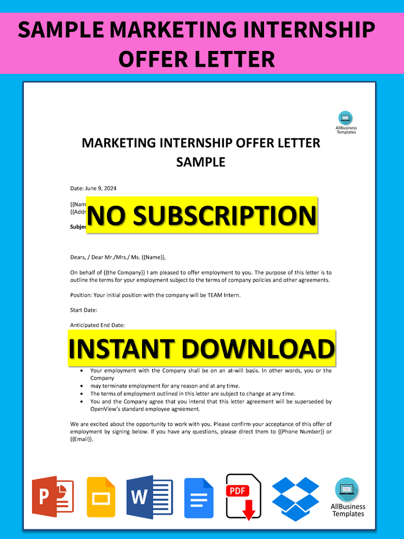 sample marketing internship offer letter voorbeeld afbeelding 