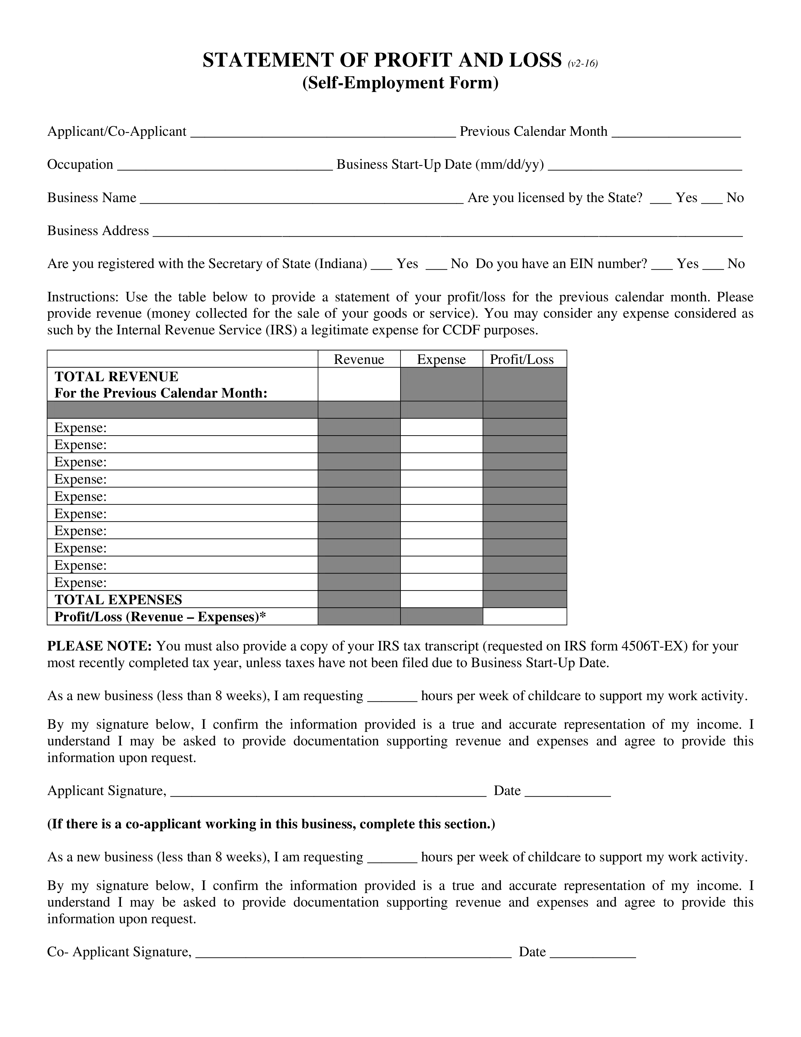 Self Employment Profit And Loss Statement Form 模板