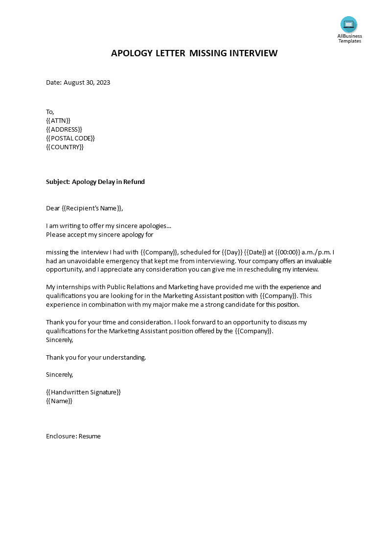 job interview apology letter Hauptschablonenbild