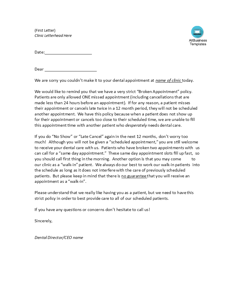 Dental Missed Appointment Letter Templates at