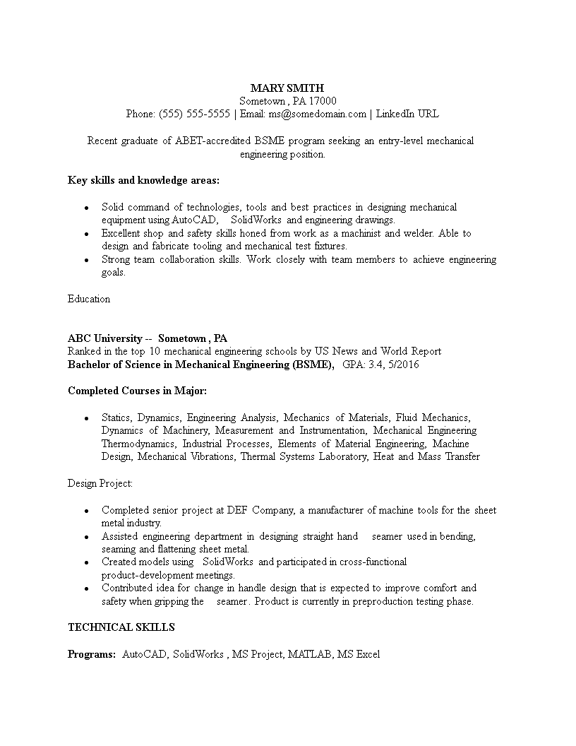 bsme mechanical engineering resume sample modèles