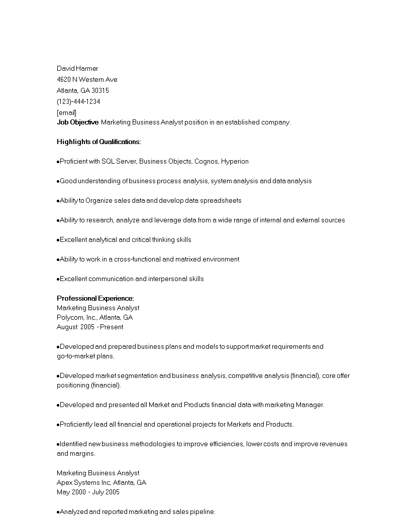 marketing business analyst resume modèles