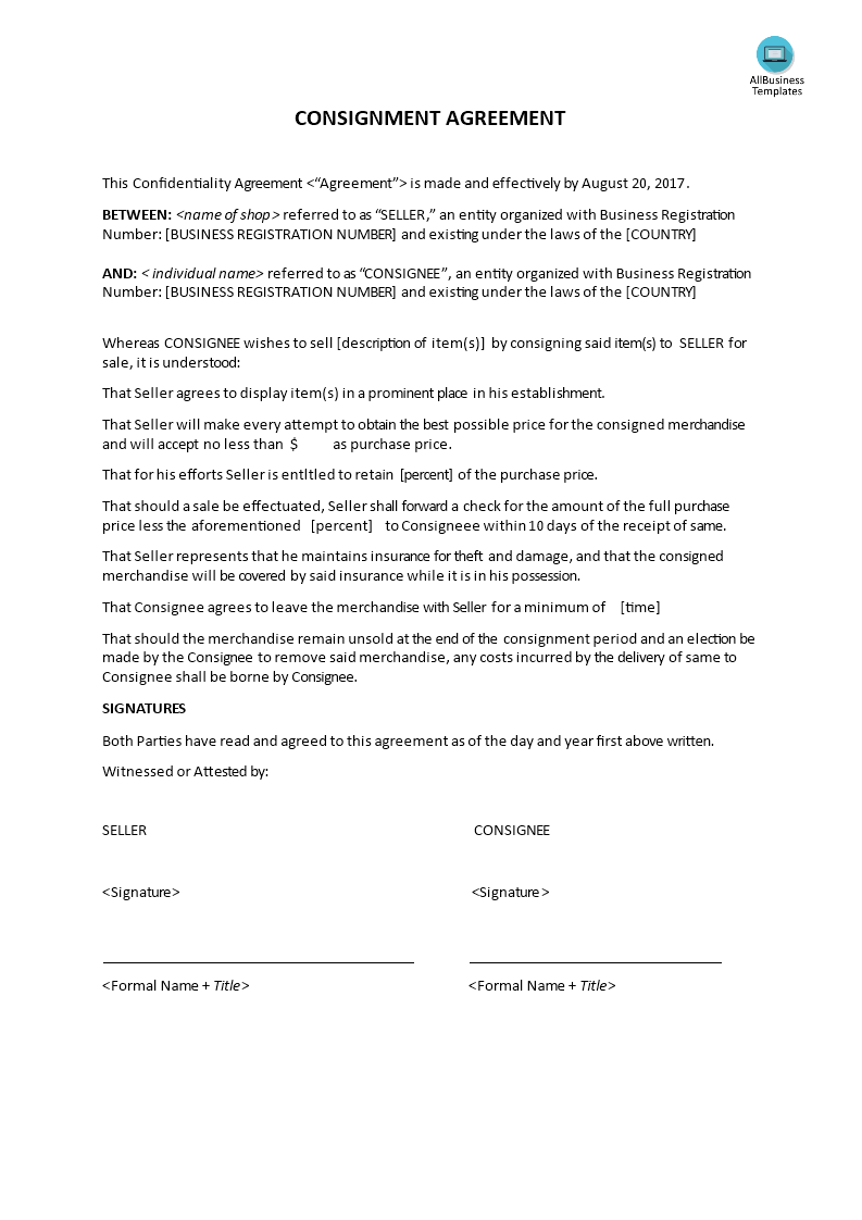 consignment agreement sample template