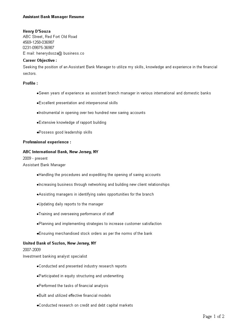 Assistant Bank Manager Resume 模板