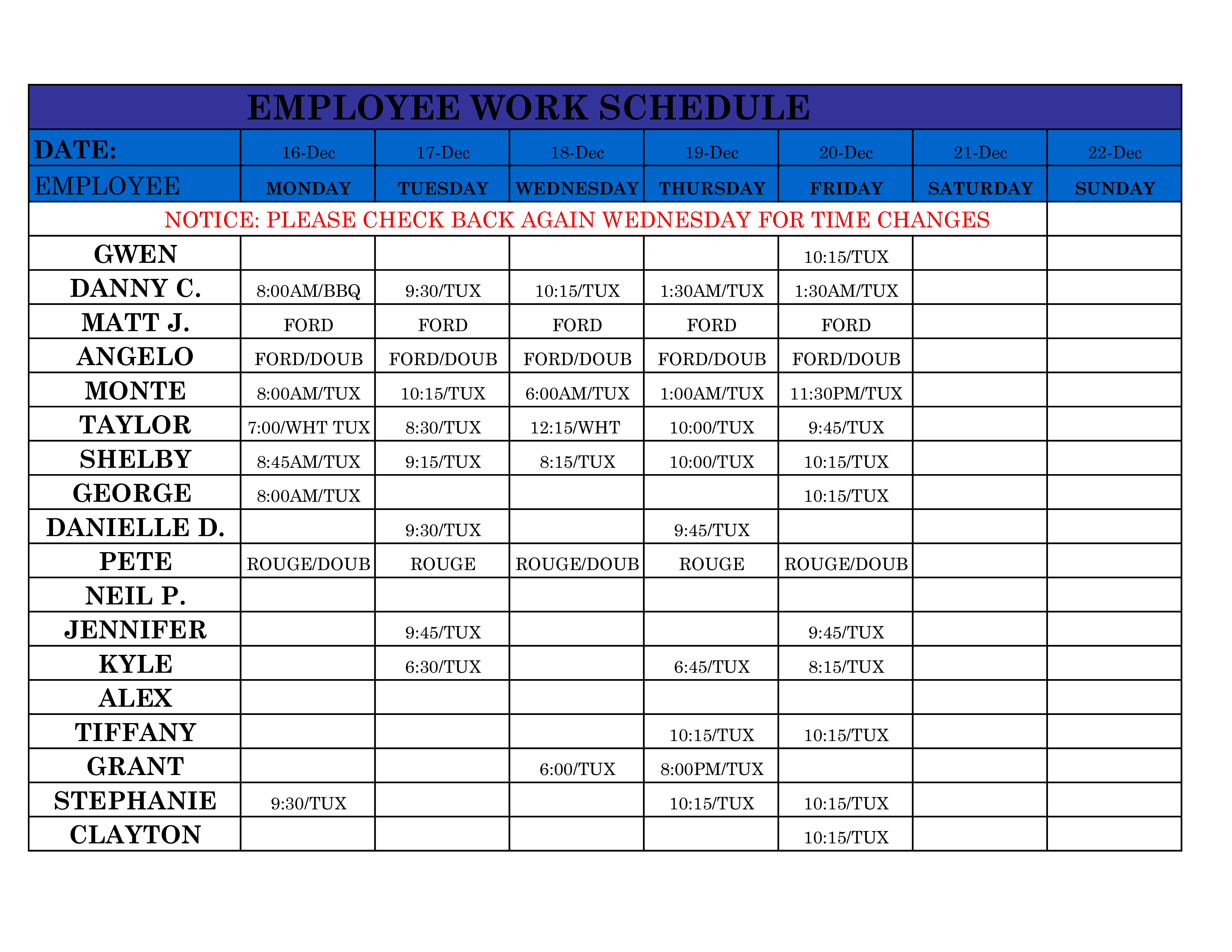 employee work template