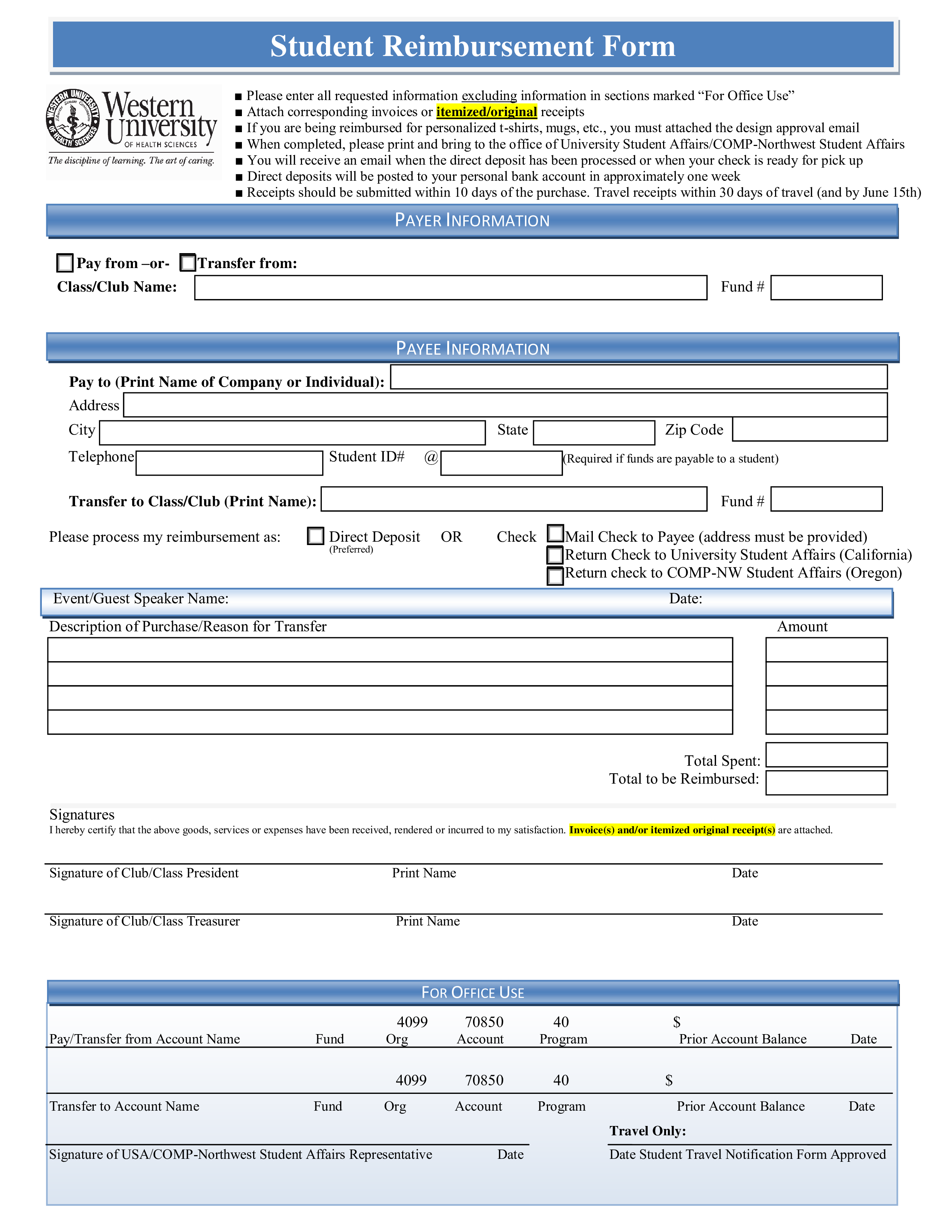 student reimbursement form template