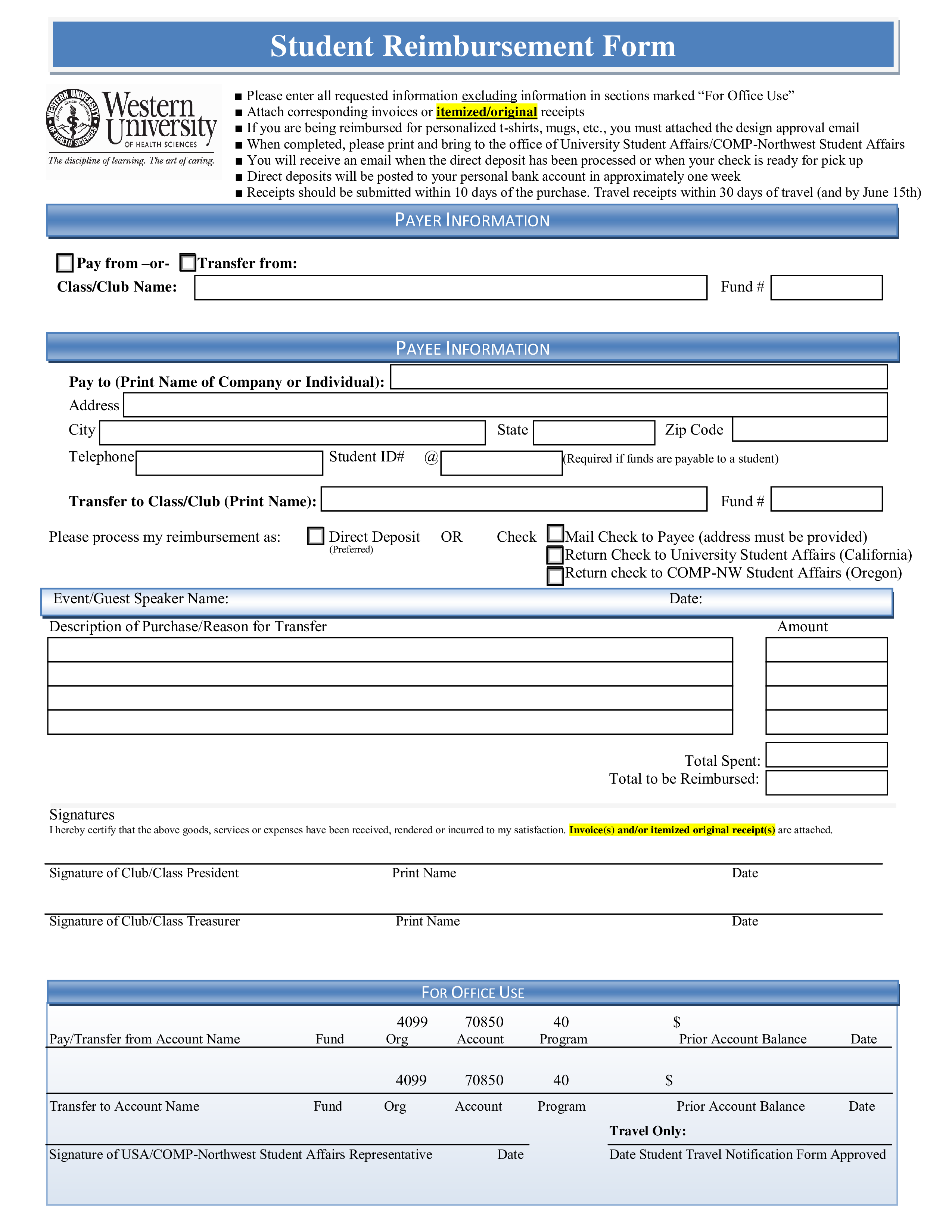 student reimbursement form Hauptschablonenbild