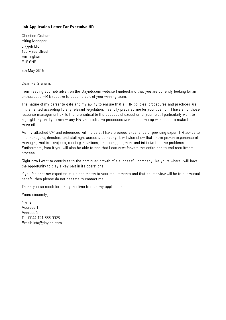 job application letter for executive hr modèles