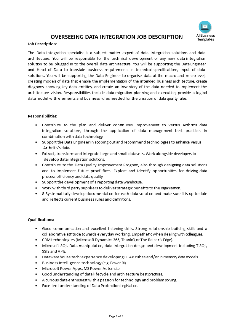 overseeing data integration job description template