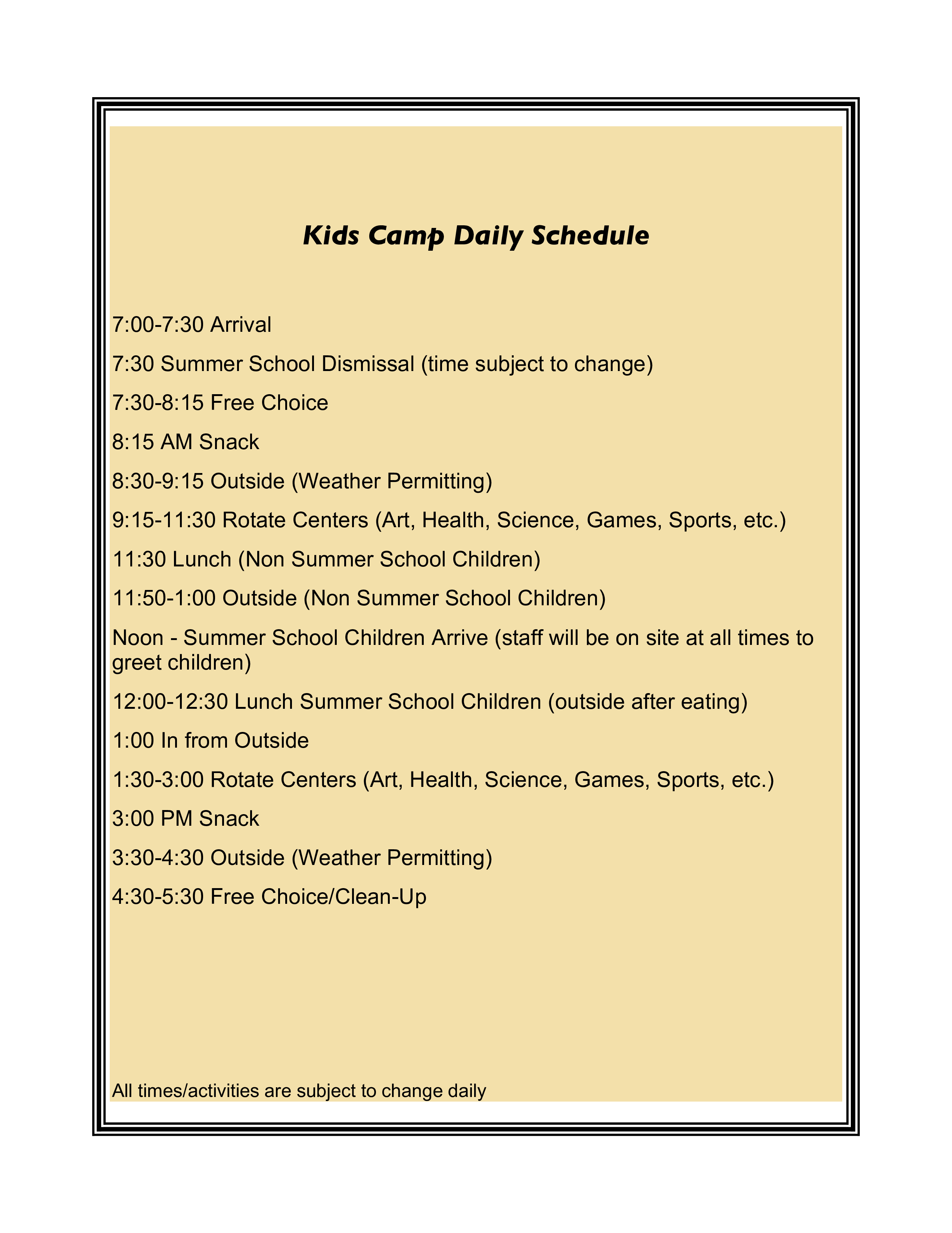 kid’s daily schedule modèles