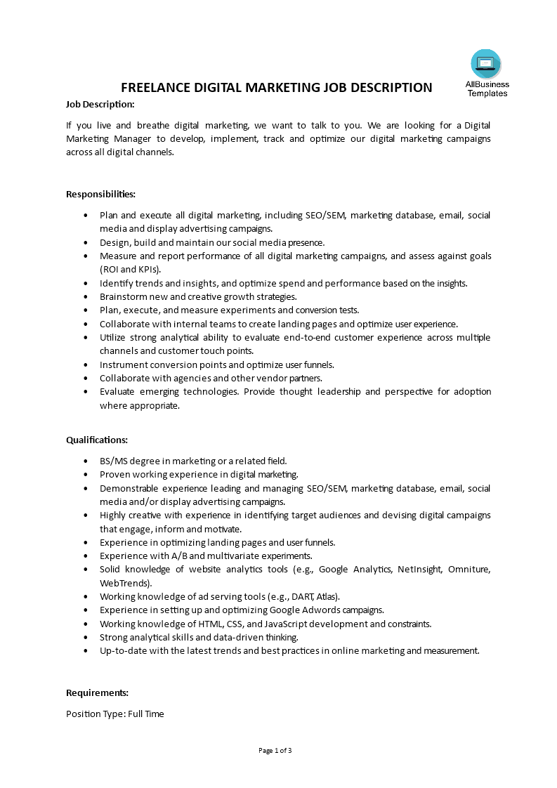 freelance digital marketing job description voorbeeld afbeelding 