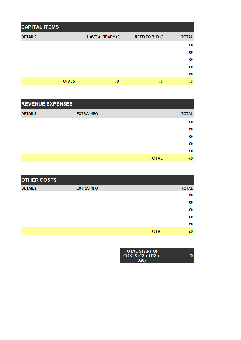 Startup Costs statement in Excel main image