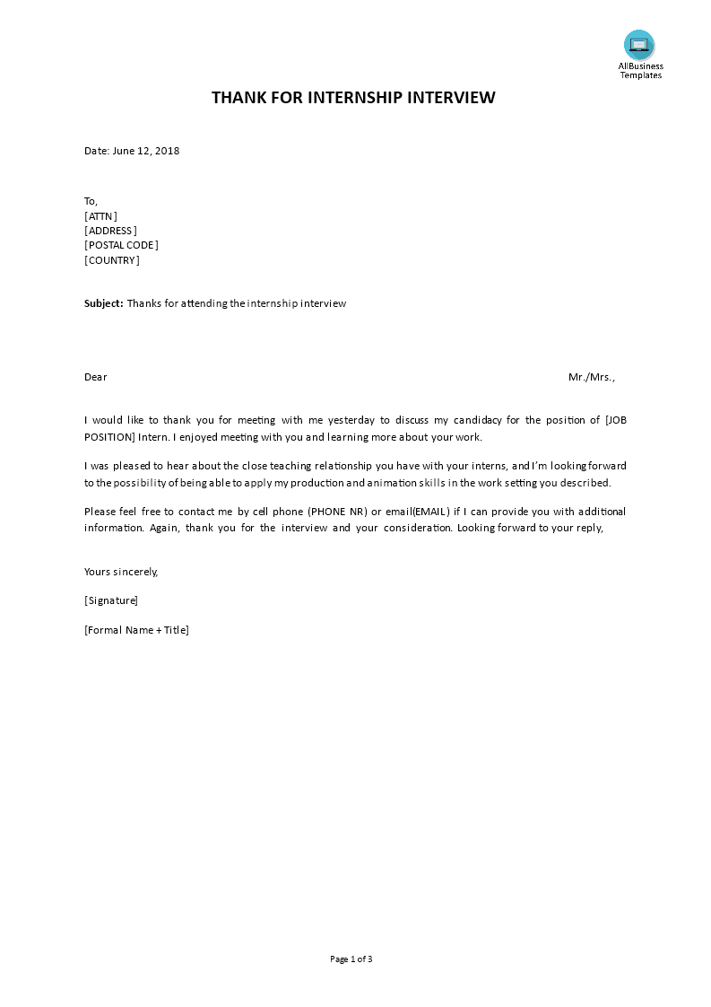 thank you for having internship interview letter template