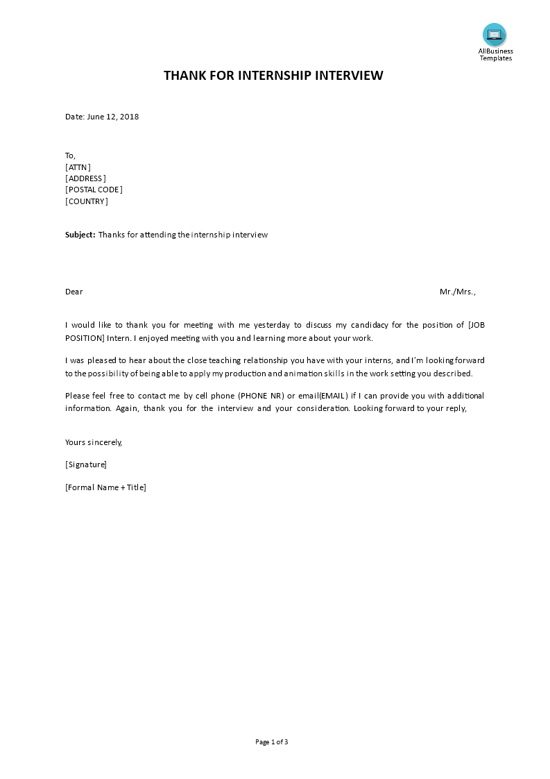 Thank You For Having Internship Interview Letter Gratis
