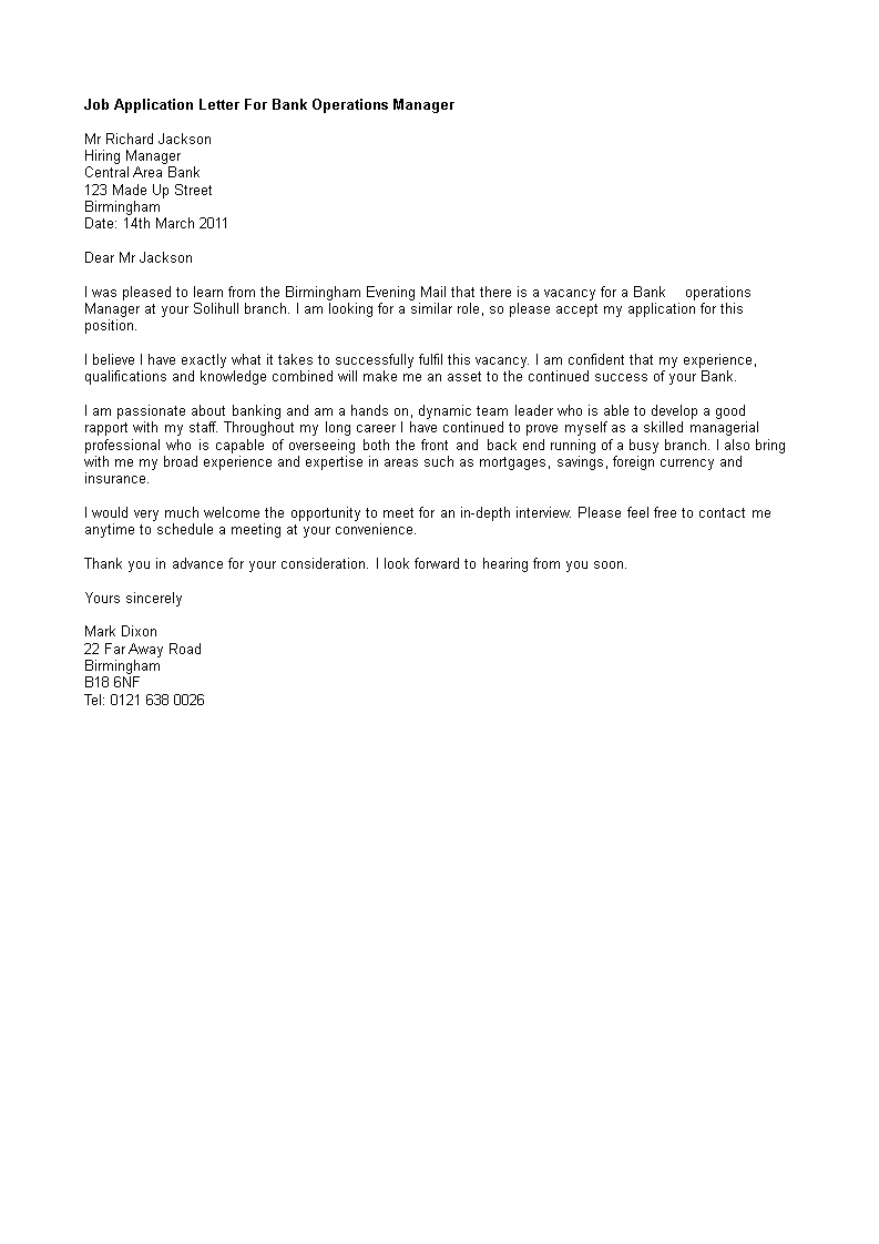 application letter for bank work