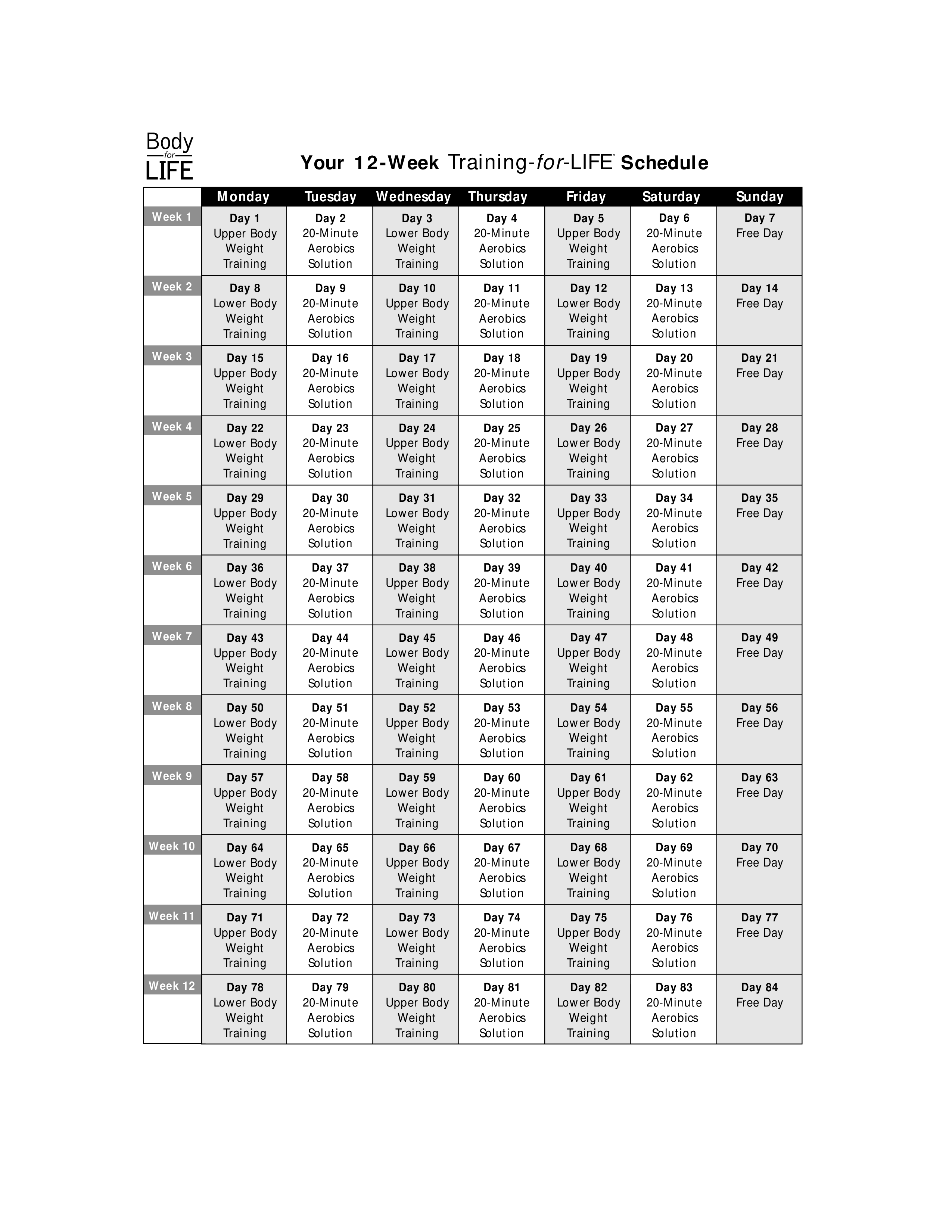 weekly work-out schedule template