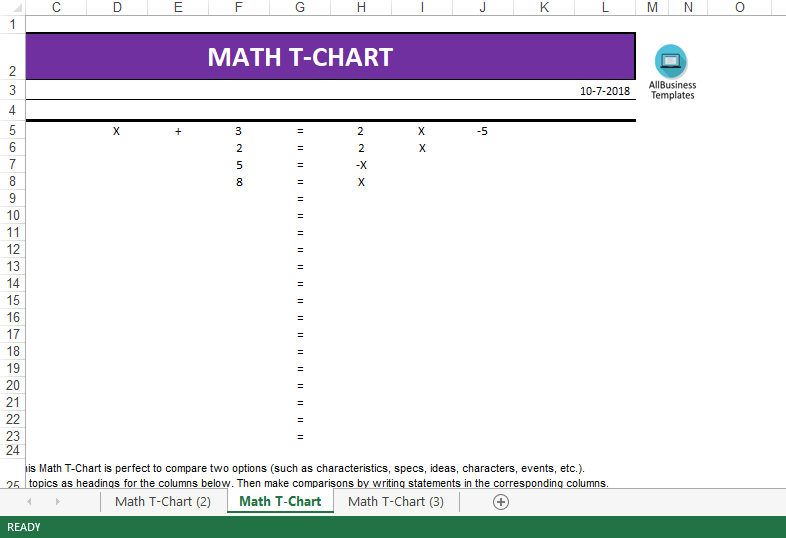 T chart math worksheets