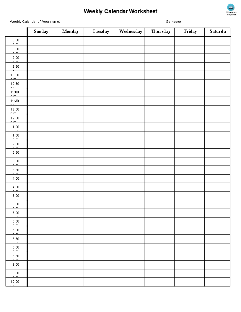 Printable blank weekly calendar worksheet templates at