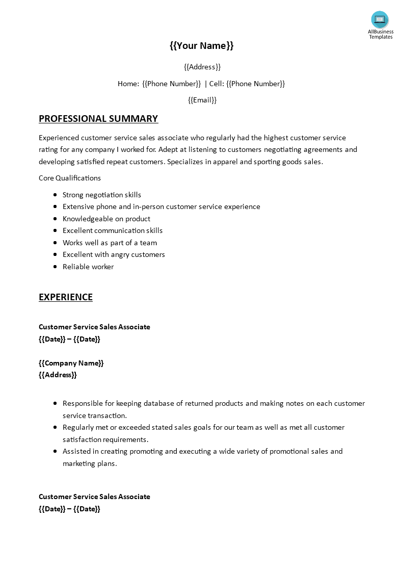 customer service sales resume template