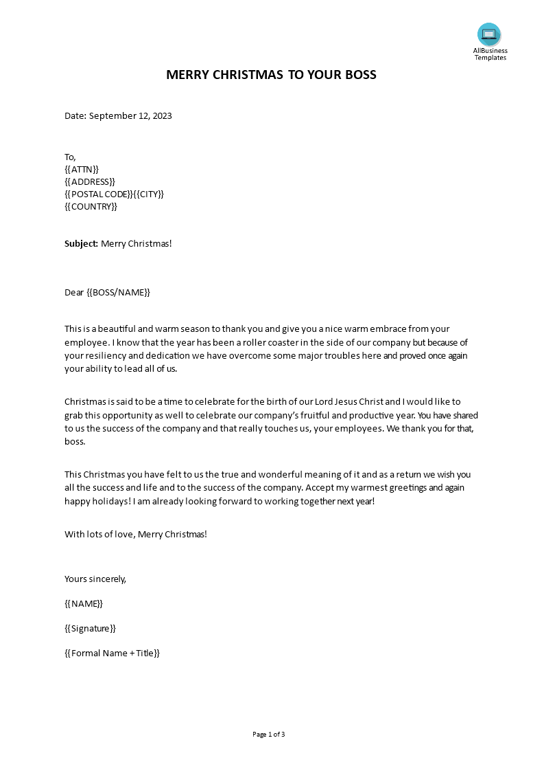 christmas letter to boss plantilla imagen principal