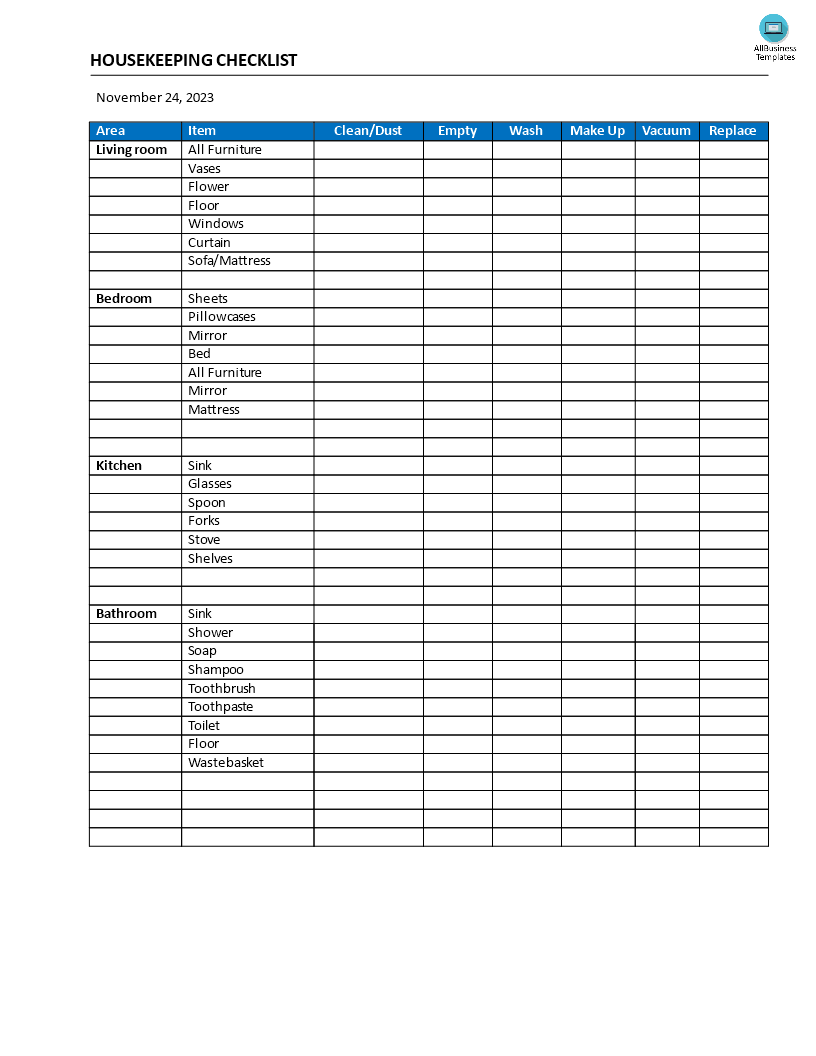 housekeeping checklist modèles