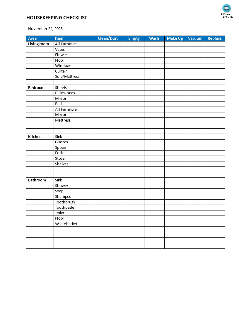 housekeeping checklist Hauptschablonenbild