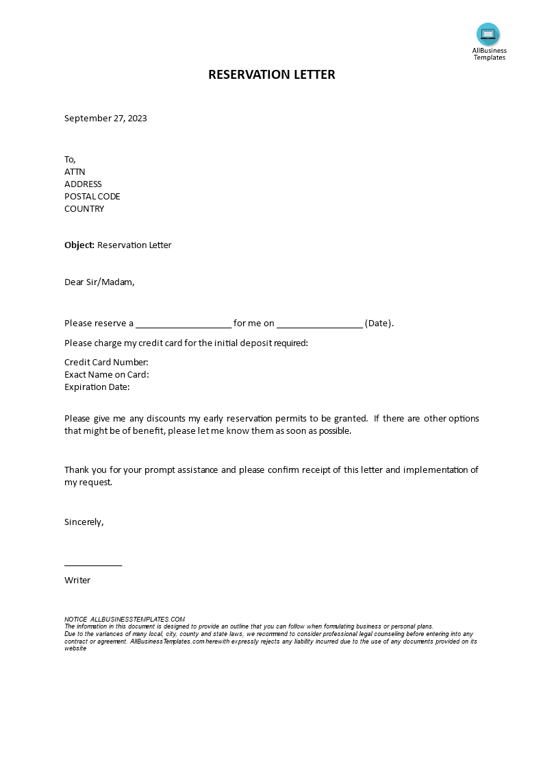 reservation letter template voorbeeld afbeelding 