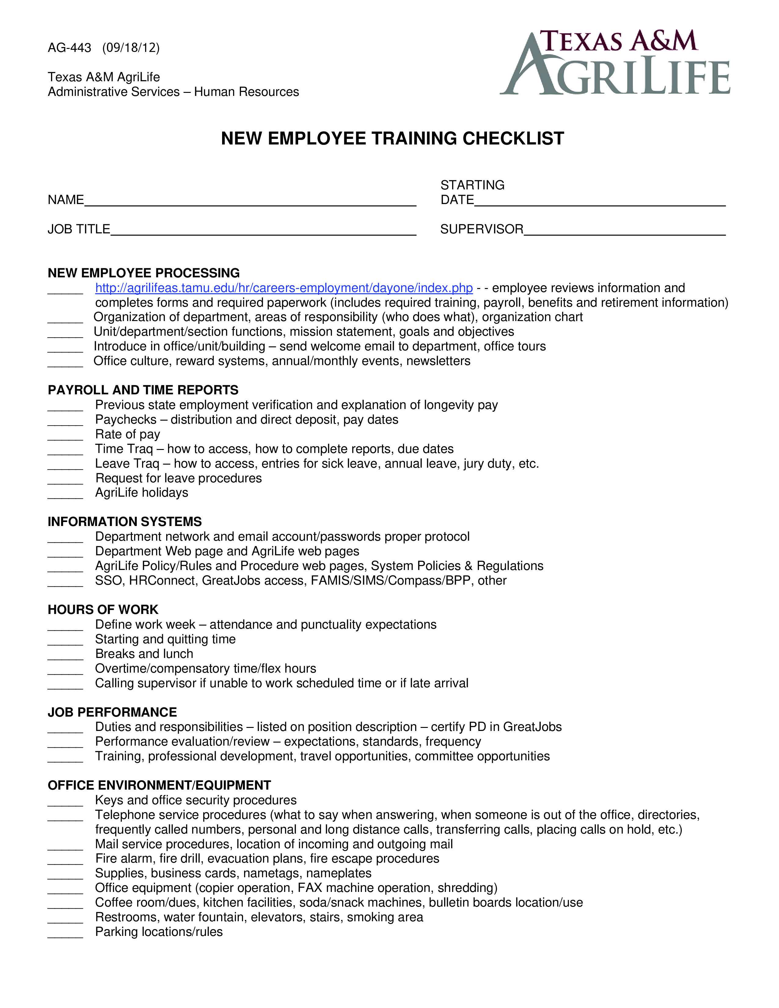 new employee training checklist template